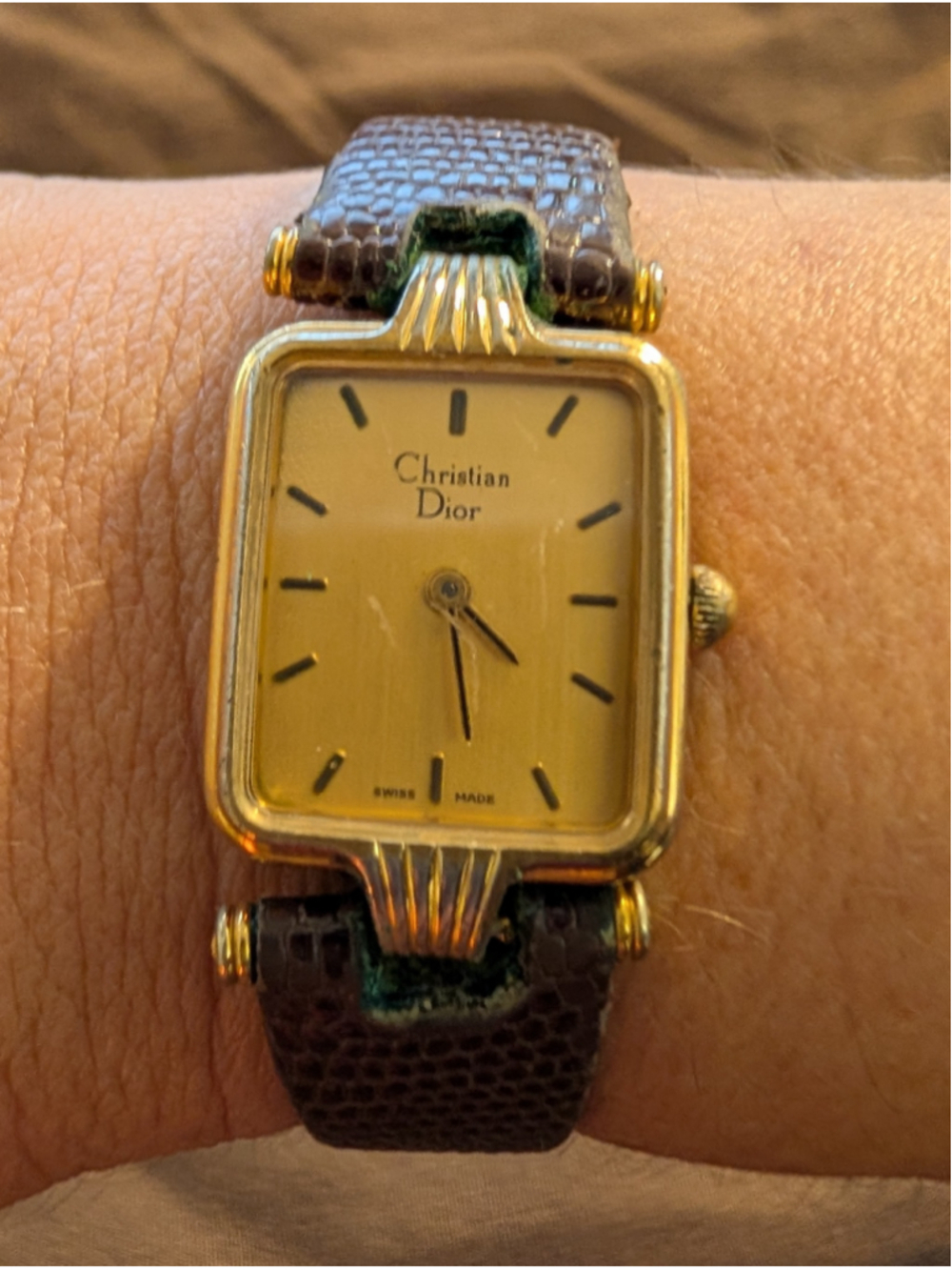 Vintage Christian Dior Swiss Made Rectangle Watch Leather NONWORKING As Is